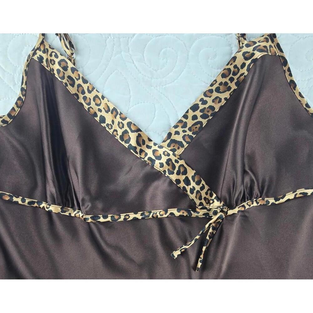 Y2K Morgan Taylor Intimates Brown Satin Slip Dress with Leopard Trim, Size M - Picture 5 of 7